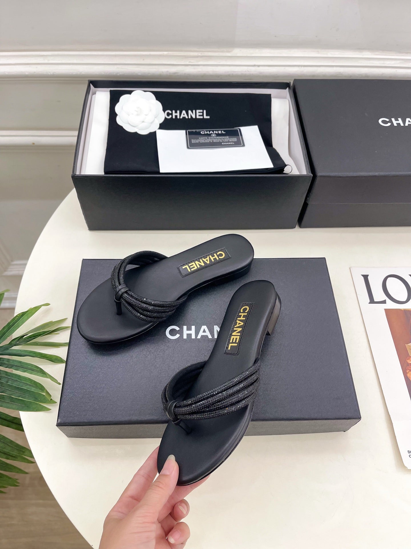 CHANEL 26S THONG SANDALS IN BLACK WITH CRYSTAL EMBELLISHED STRAPS