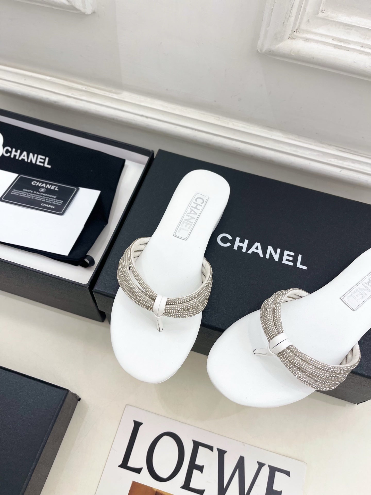 CHANEL 26S THONG SANDALS IN WHITE WITH CRYSTAL EMBELLISHED STRAPS