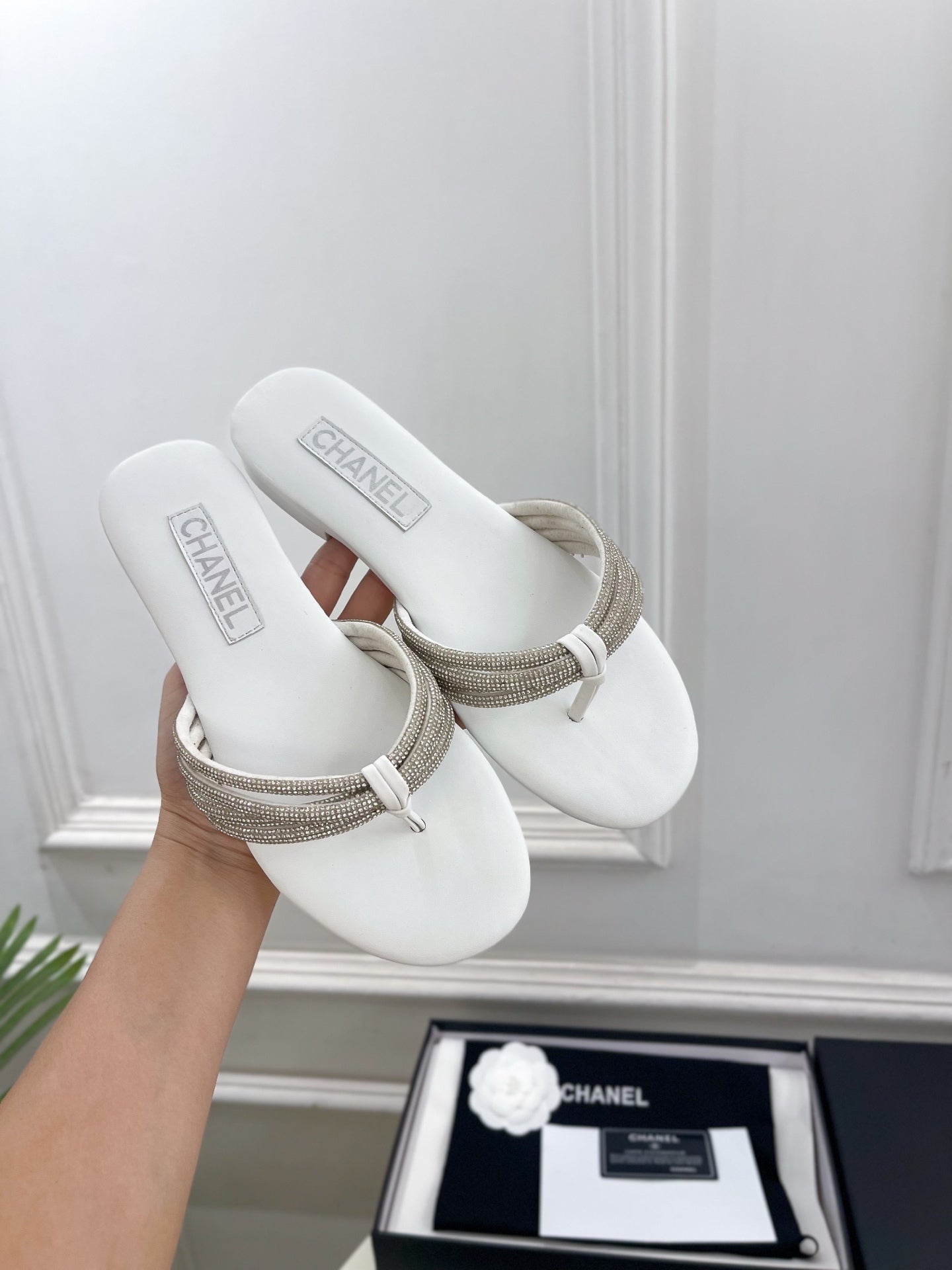 CHANEL 26S THONG SANDALS IN WHITE WITH CRYSTAL EMBELLISHED STRAPS