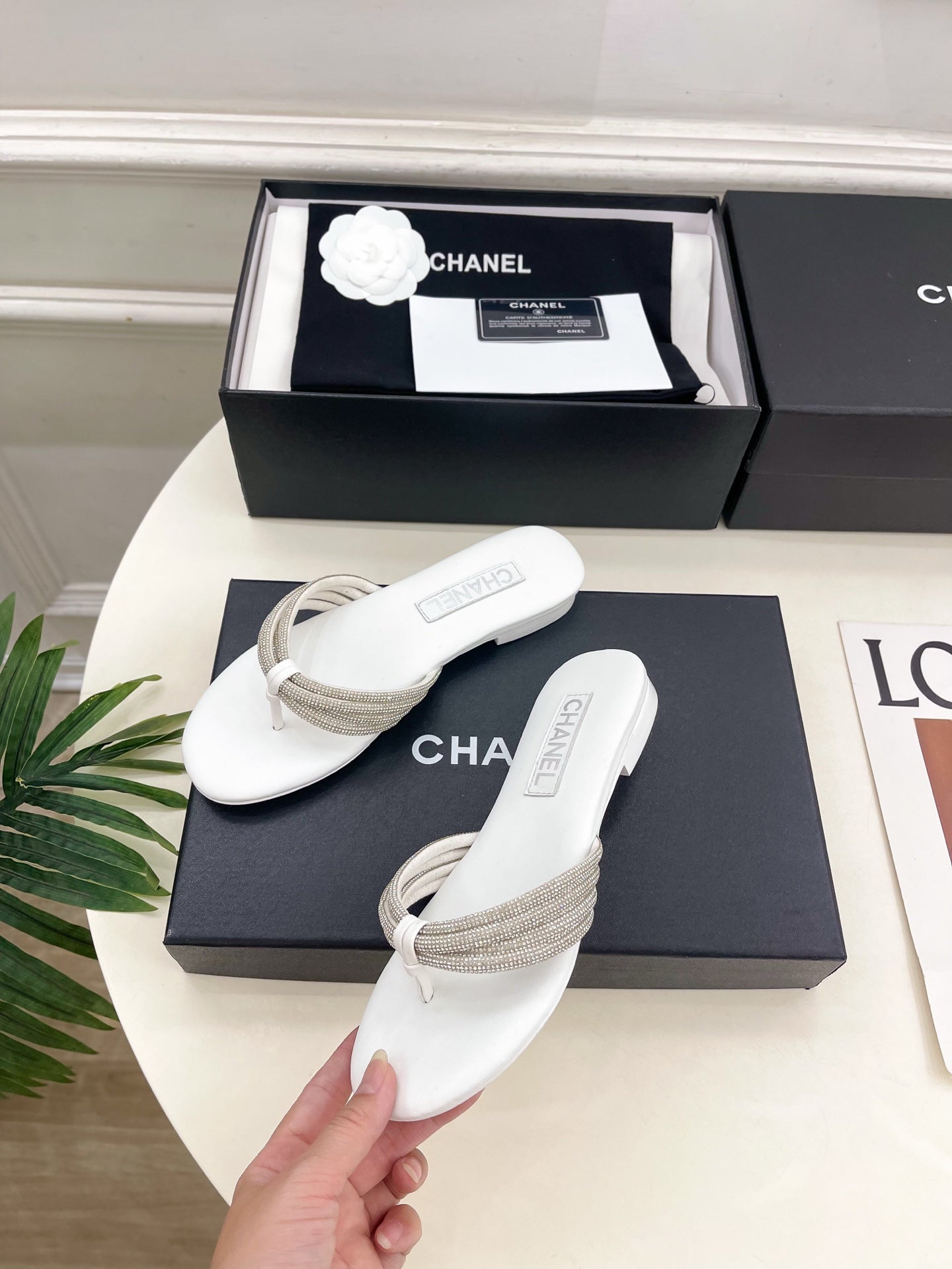 CHANEL 26S THONG SANDALS IN WHITE WITH CRYSTAL EMBELLISHED STRAPS
