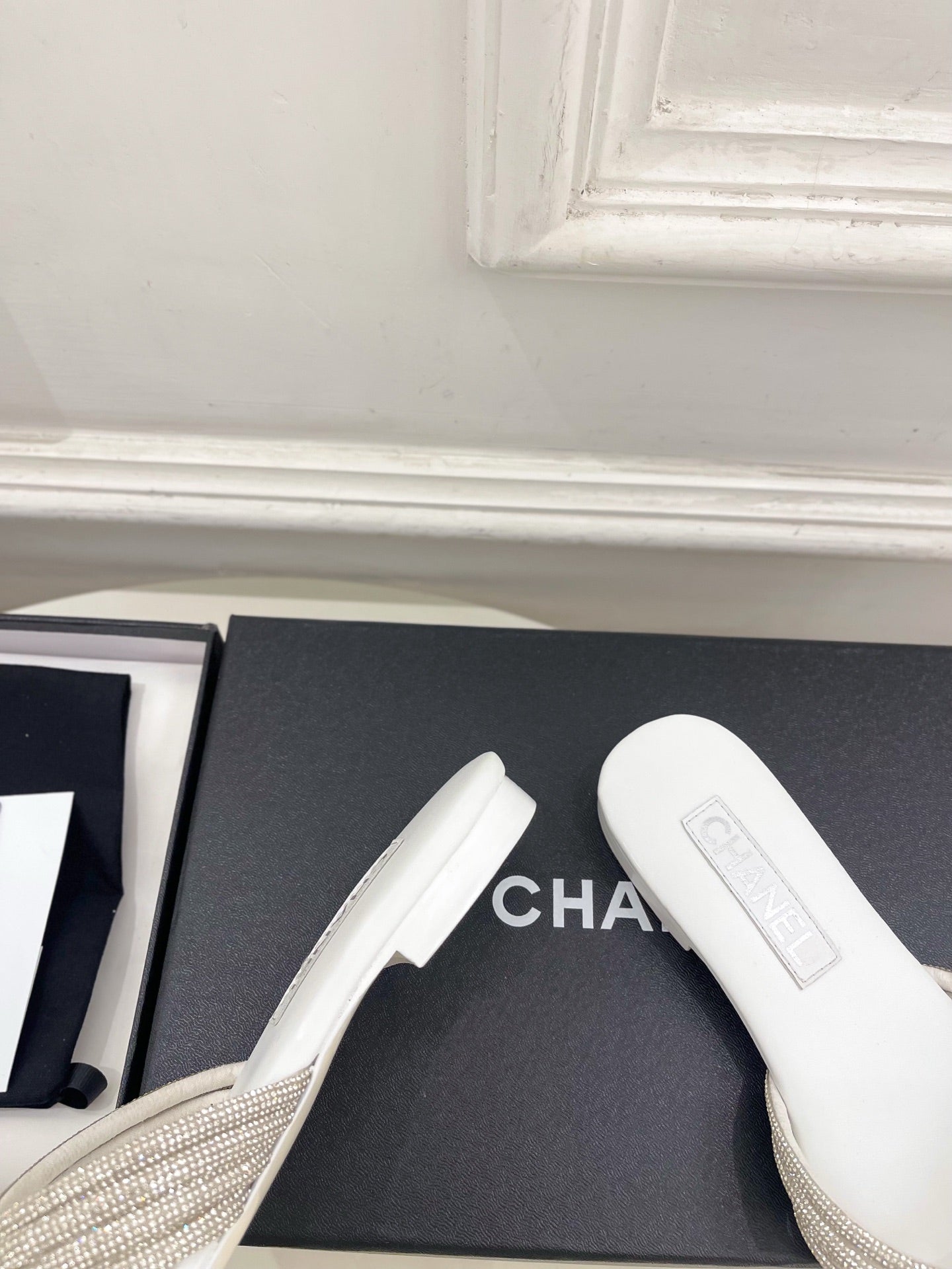 CHANEL 26S THONG SANDALS IN WHITE WITH CRYSTAL EMBELLISHED STRAPS