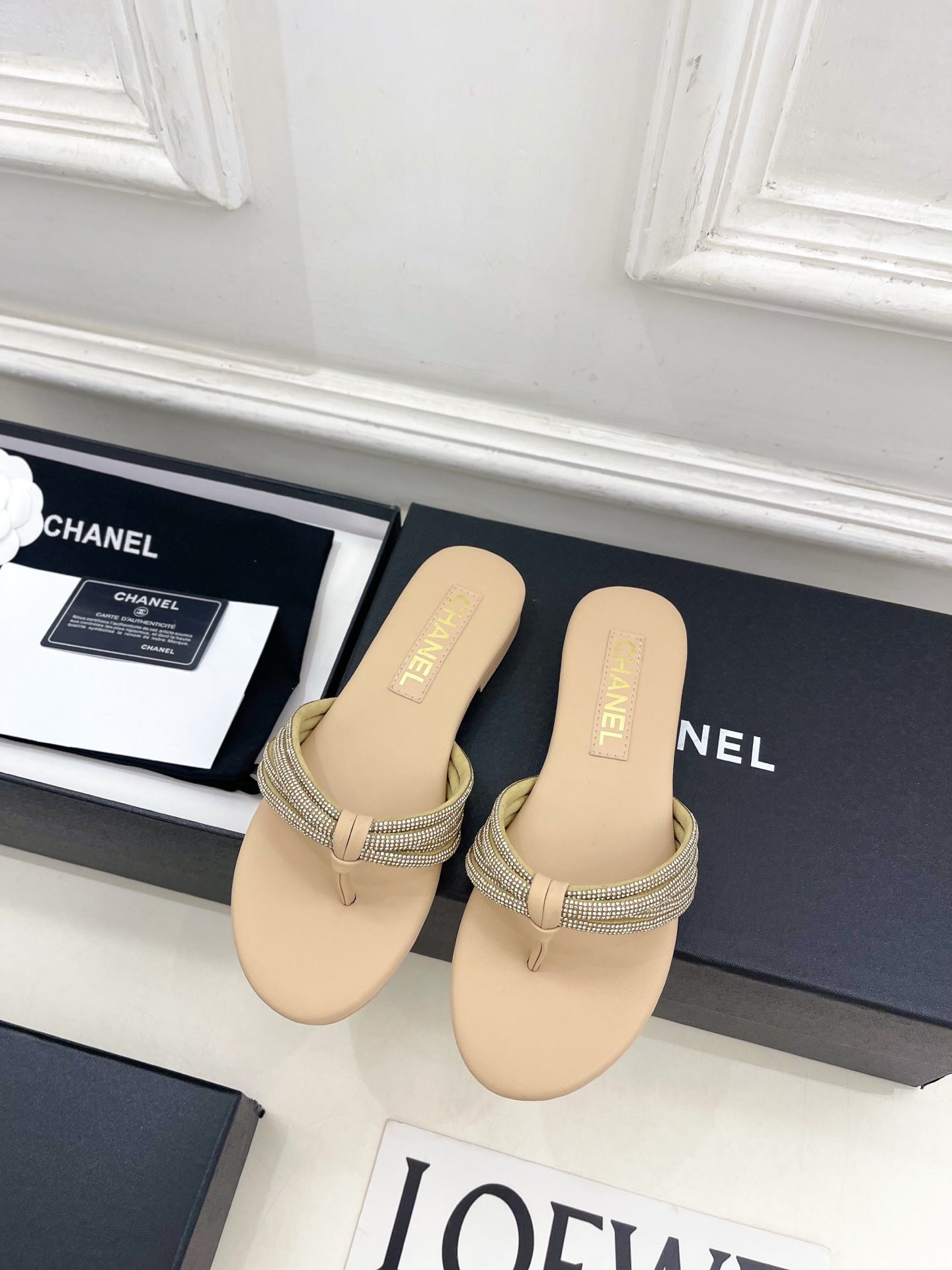 CHANEL 26S THONG SANDALS IN BEIGE WITH CRYSTAL-EMBELLISHED STRAPS