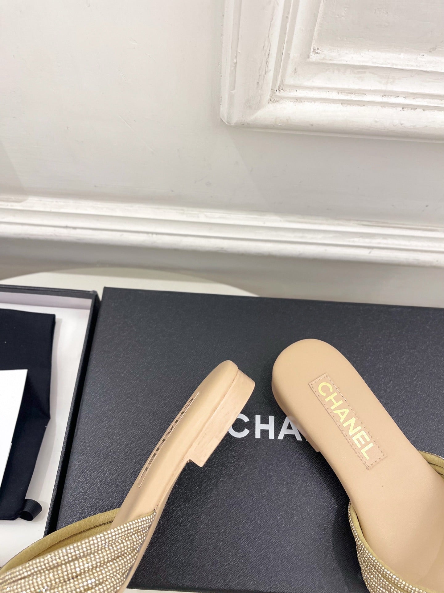 CHANEL 26S THONG SANDALS IN BEIGE WITH CRYSTAL-EMBELLISHED STRAPS