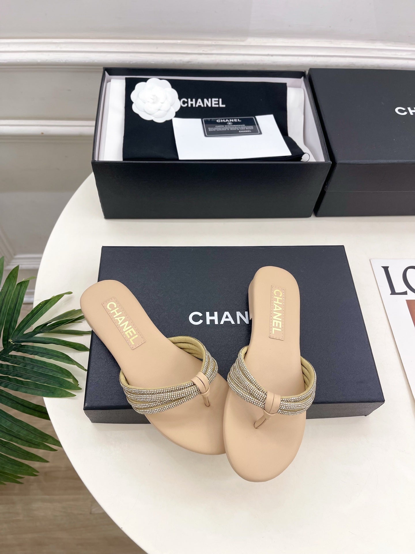 CHANEL 26S THONG SANDALS IN BEIGE WITH CRYSTAL-EMBELLISHED STRAPS