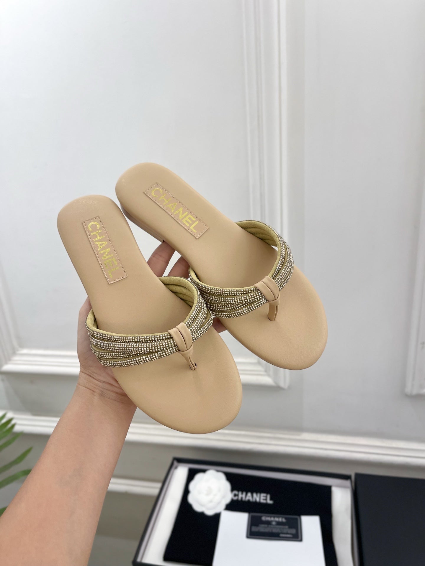 CHANEL 26S THONG SANDALS IN BEIGE WITH CRYSTAL-EMBELLISHED STRAPS