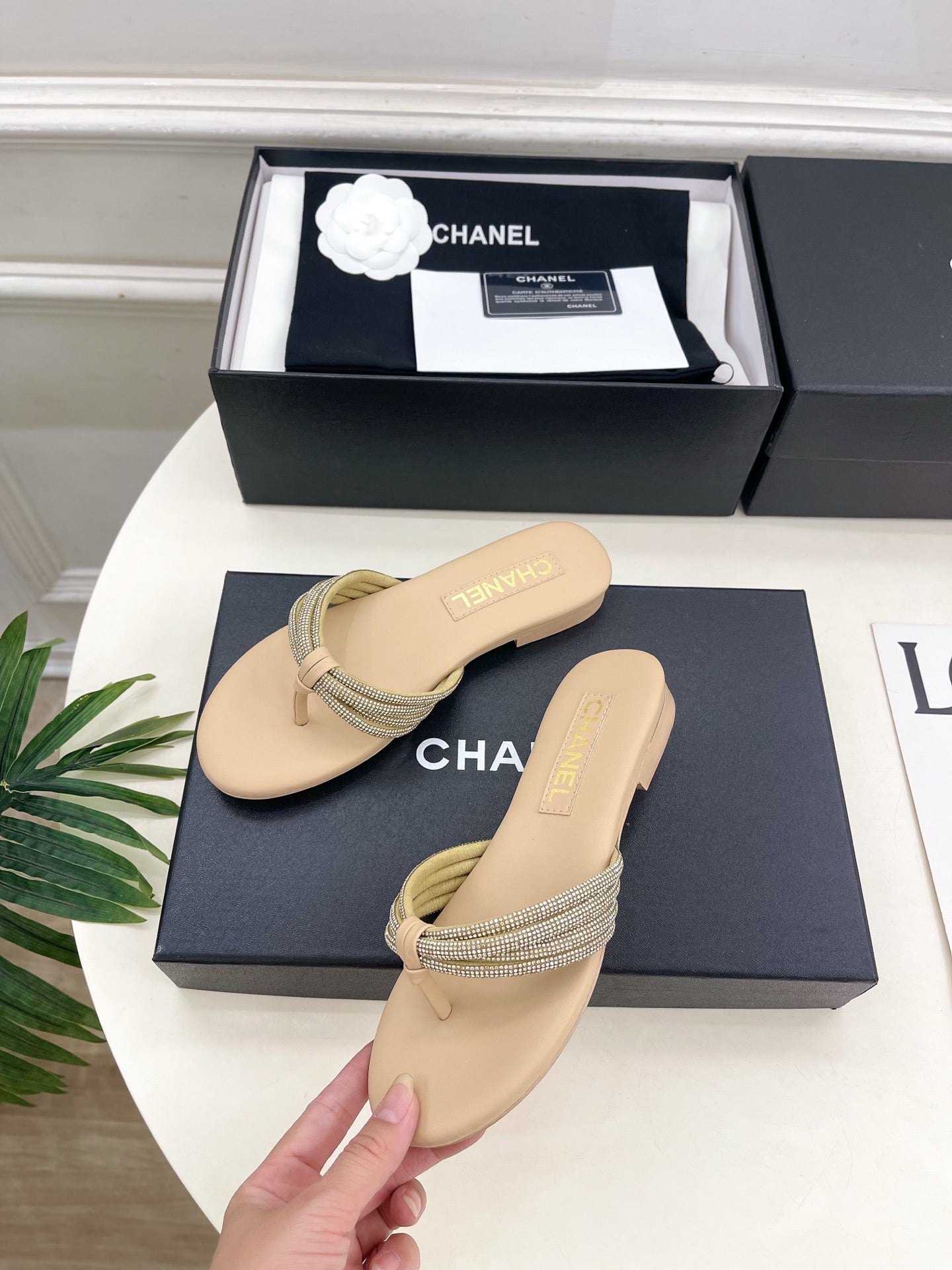 CHANEL 26S THONG SANDALS IN BEIGE WITH CRYSTAL-EMBELLISHED STRAPS