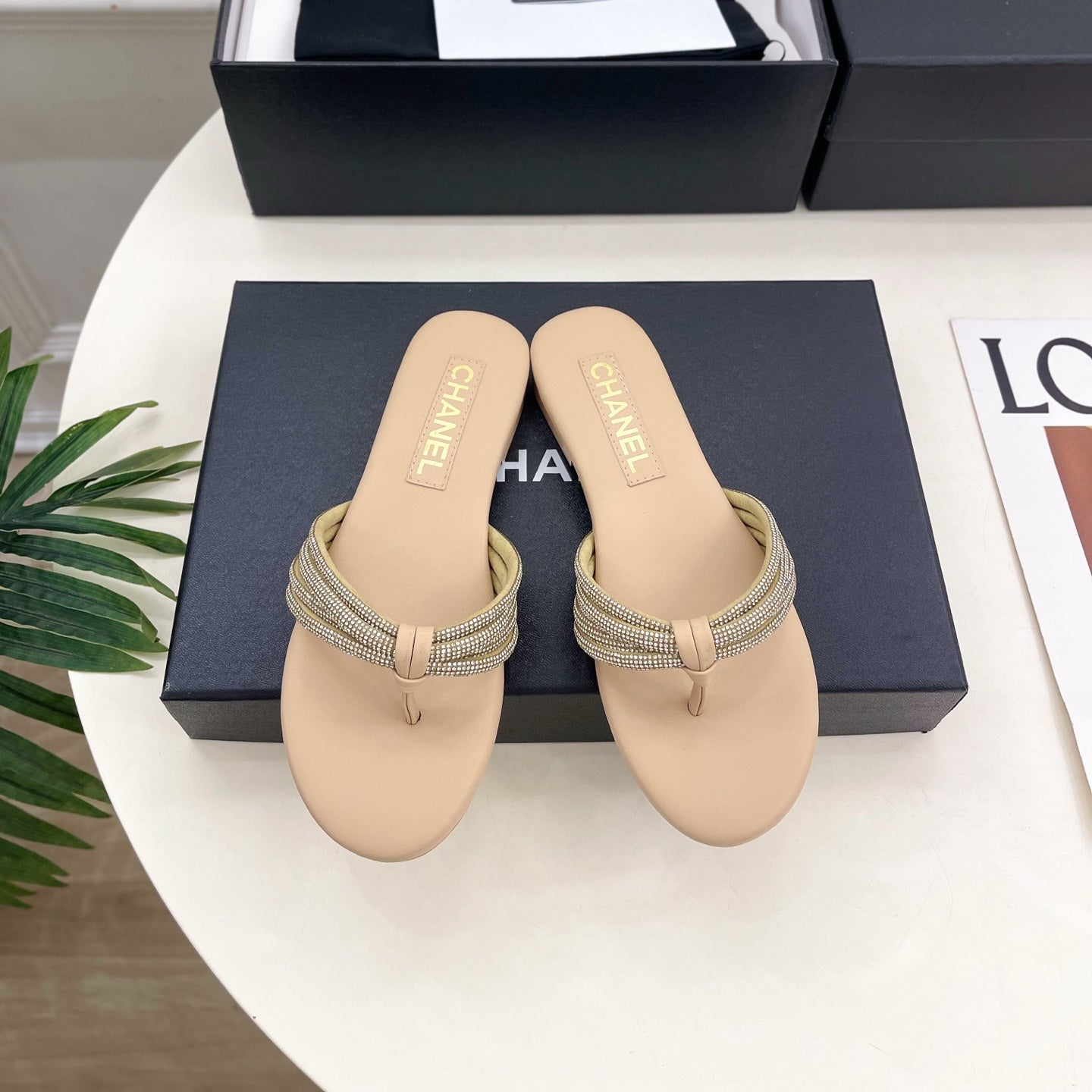 CHANEL 26S THONG SANDALS IN BEIGE WITH CRYSTAL-EMBELLISHED STRAPS