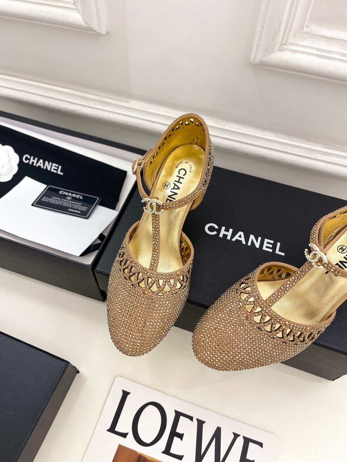 CHANEL 26S HIGH HEELS 65 MM IN GOLD WITH CRYSTAL EMBELLISHMENTS