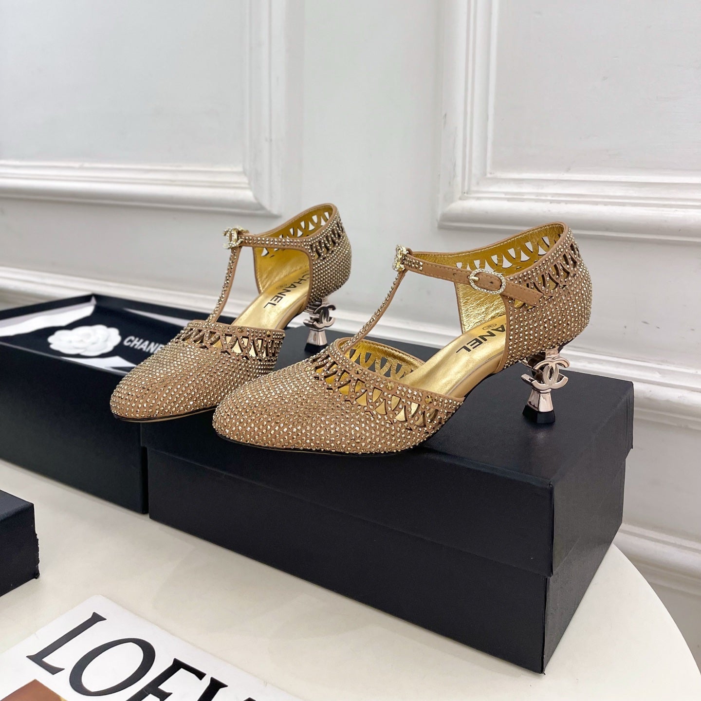 CHANEL 26S HIGH HEELS 65 MM IN GOLD WITH CRYSTAL EMBELLISHMENTS