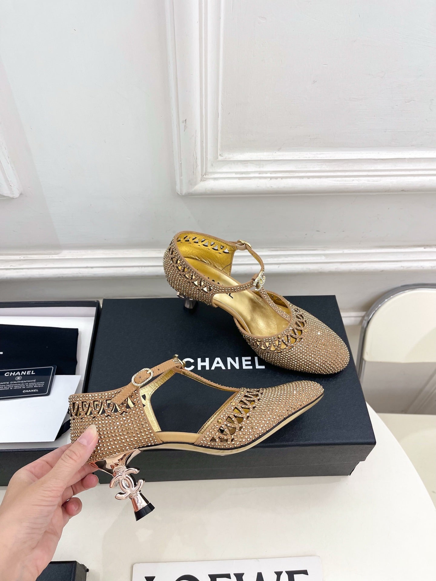 CHANEL 26S HIGH HEELS 65 MM IN GOLD WITH CRYSTAL EMBELLISHMENTS