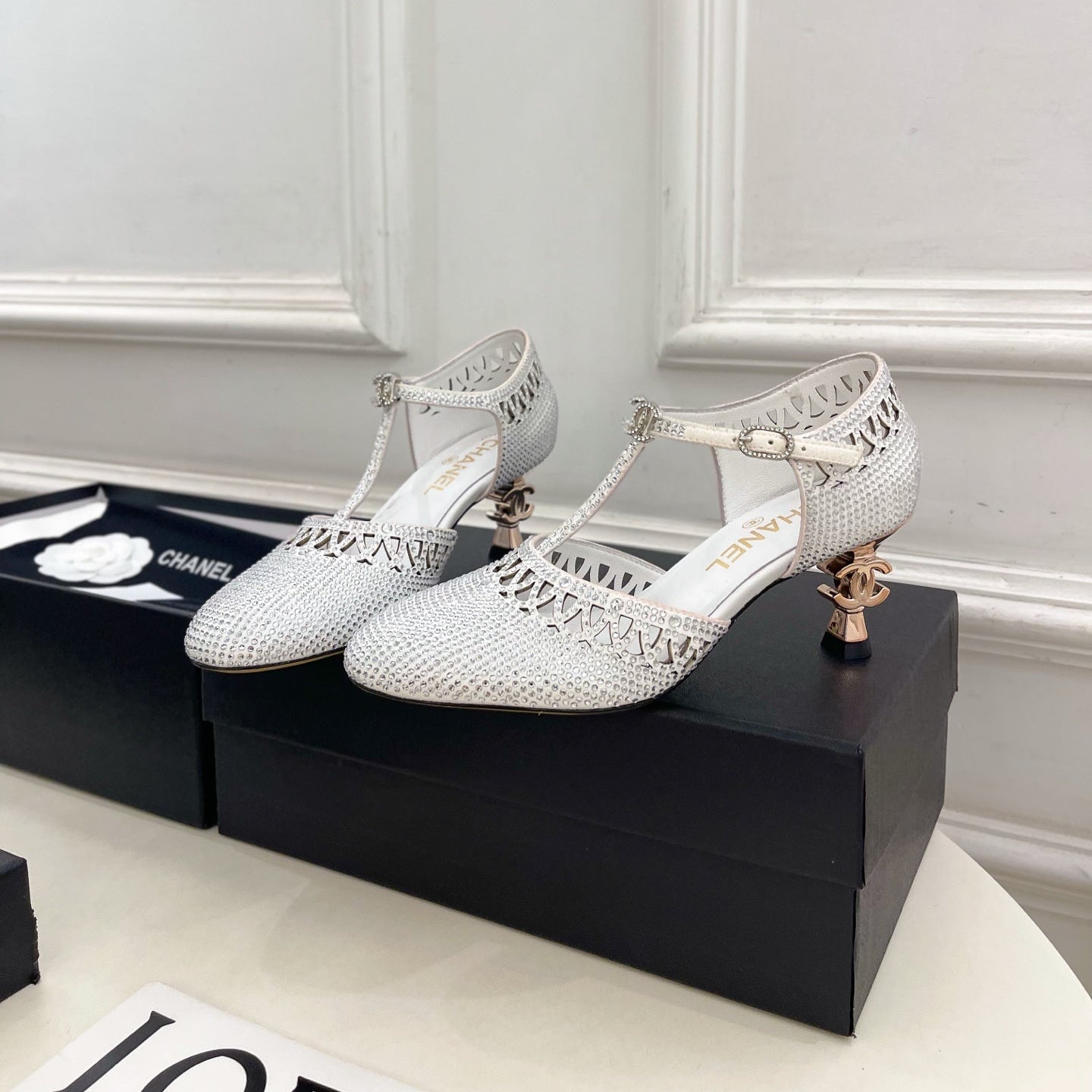 CHANEL 26S HIGH HEELS 65 MM IN WHITE WITH CRYSTAL EMBELLISHMENTS