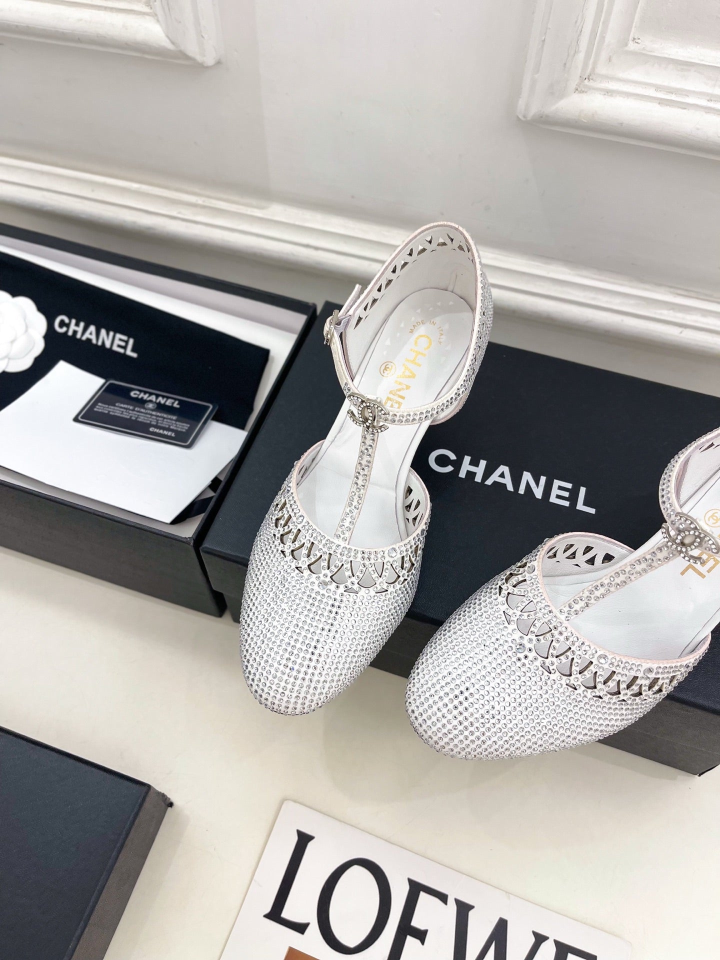 CHANEL 26S HIGH HEELS 65 MM IN WHITE WITH CRYSTAL EMBELLISHMENTS