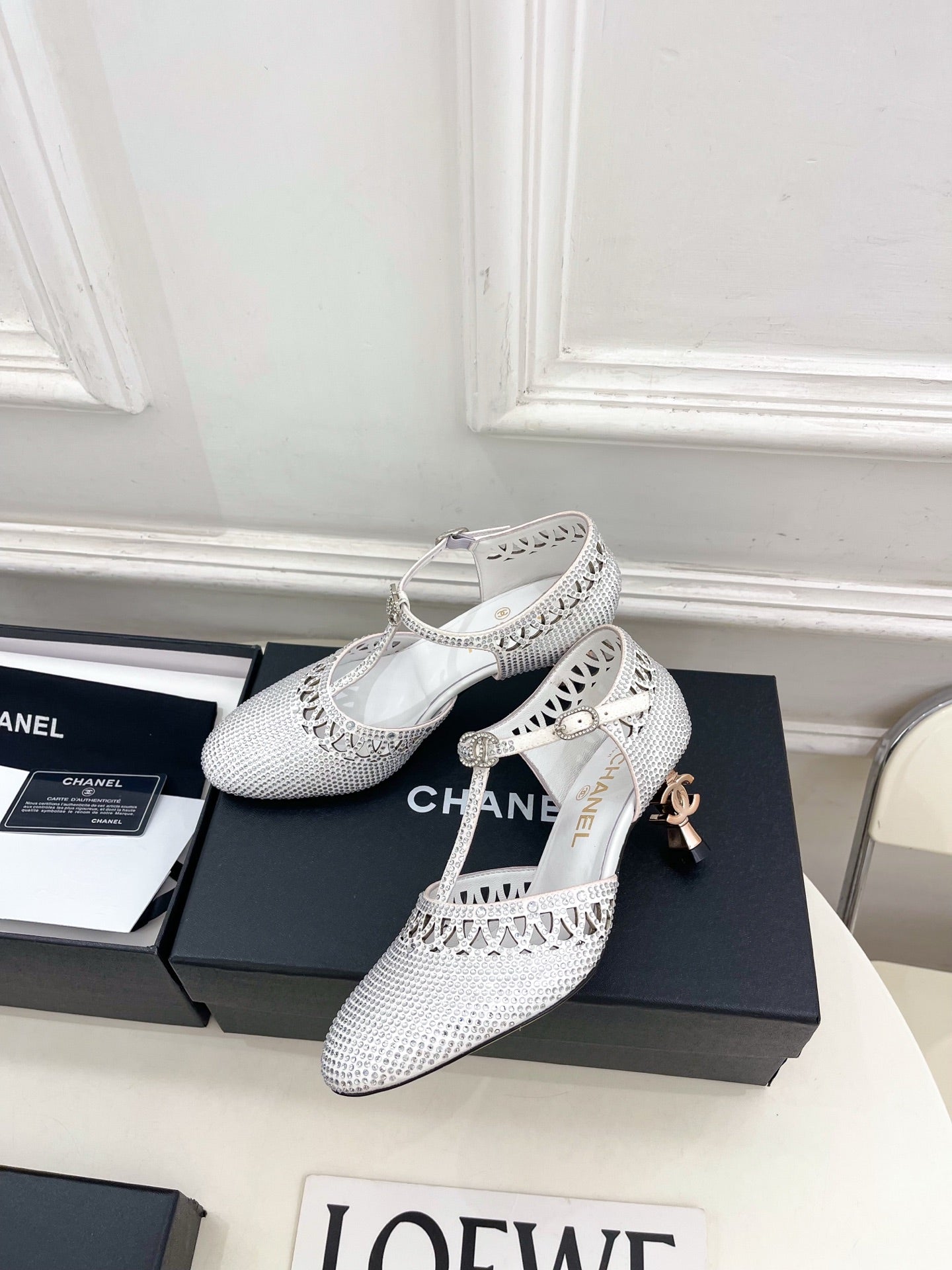 CHANEL 26S HIGH HEELS 65 MM IN WHITE WITH CRYSTAL EMBELLISHMENTS