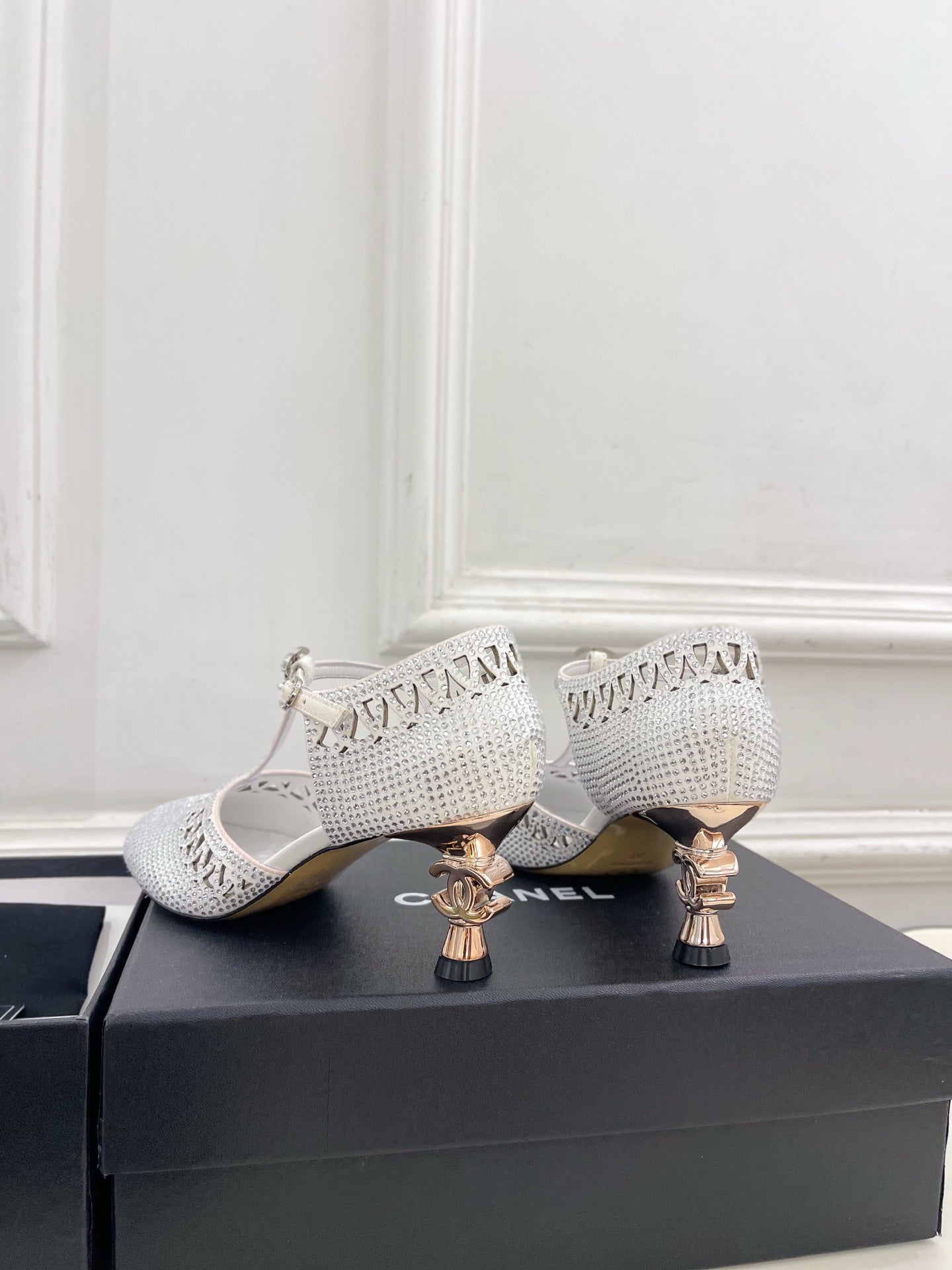 CHANEL 26S HIGH HEELS 65 MM IN WHITE WITH CRYSTAL EMBELLISHMENTS