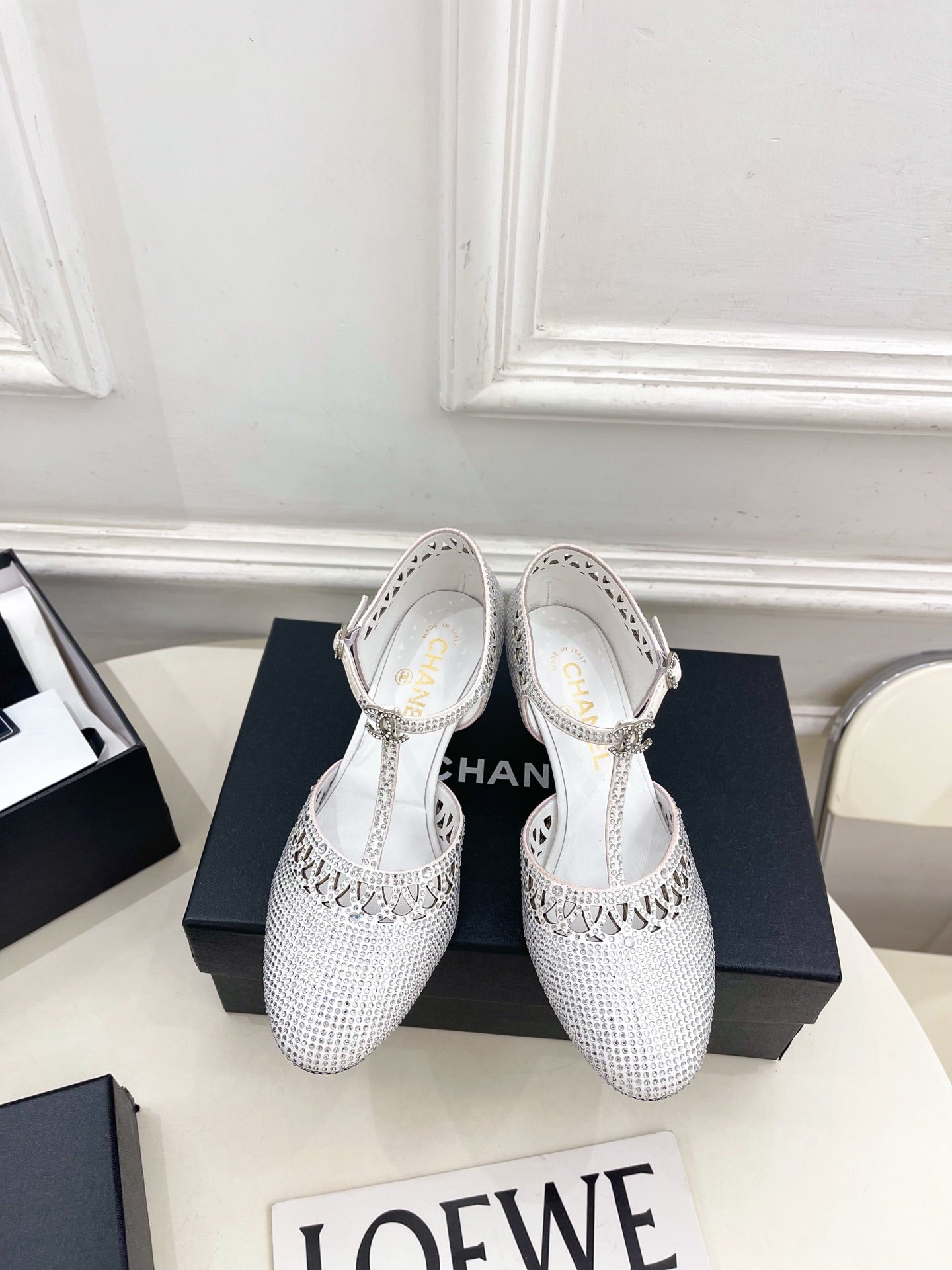 CHANEL 26S HIGH HEELS 65 MM IN WHITE WITH CRYSTAL EMBELLISHMENTS