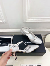 CHANEL 26S HIGH HEELS 65 MM IN WHITE WITH CRYSTAL EMBELLISHMENTS