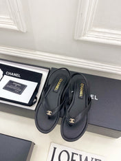 CHANEL 26S THONG SLINGBACK SANDALS IN BLACK LAMBSKIN