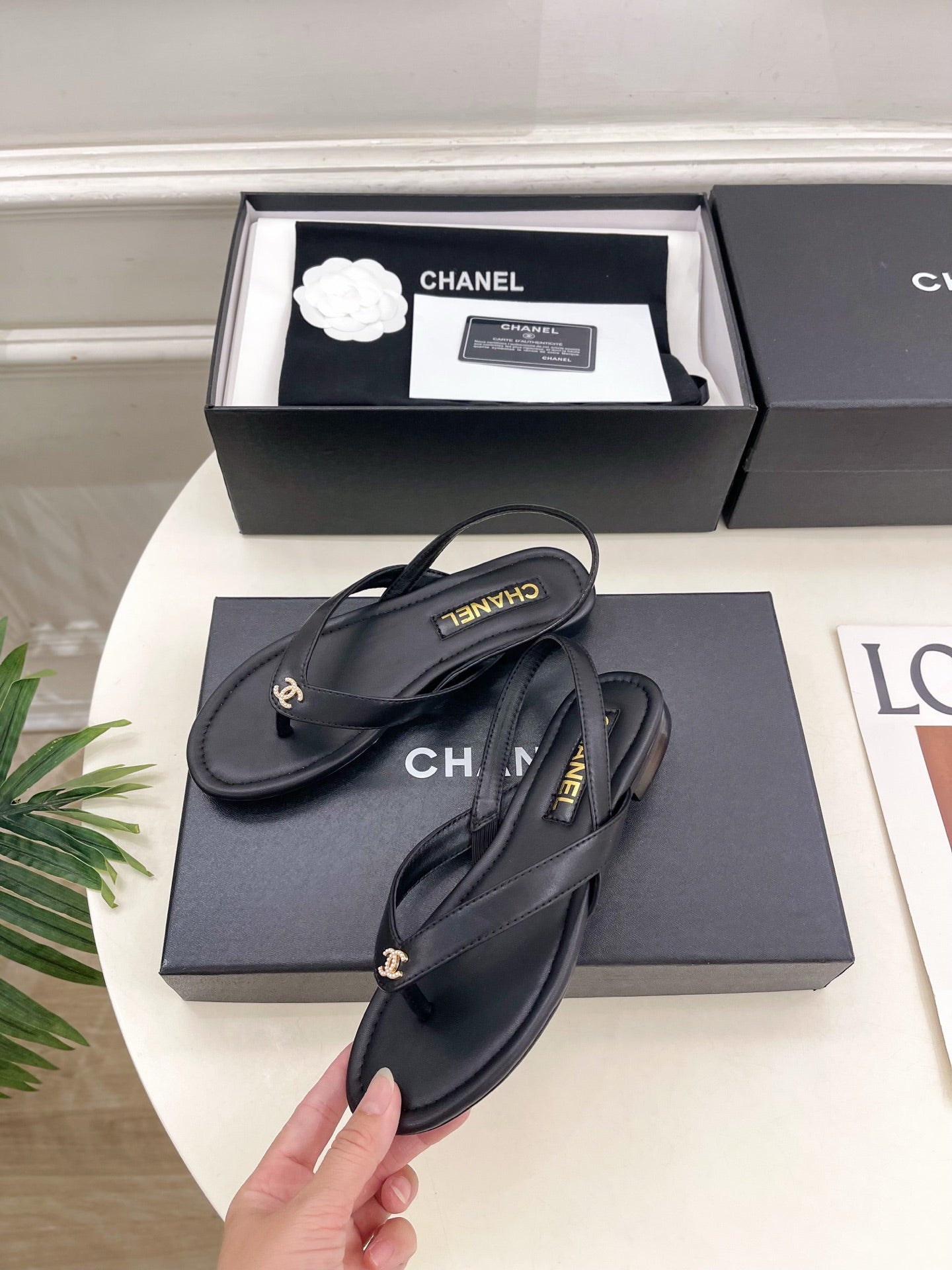 CHANEL 26S THONG SLINGBACK SANDALS IN BLACK LAMBSKIN