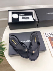 CHANEL 26S THONG SLINGBACK SANDALS IN BLACK LAMBSKIN