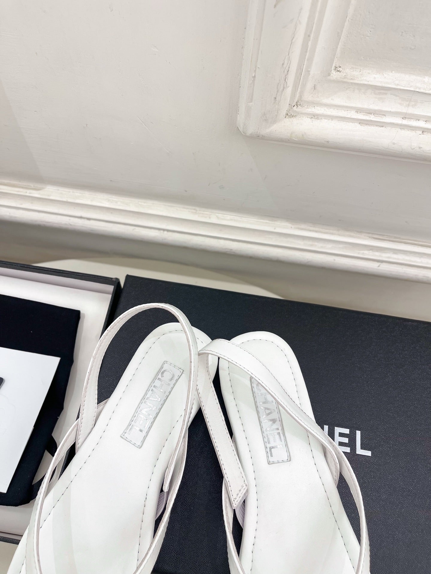CHANEL 26S THONG SLINGBACK SANDALS IN WHITE LAMBSKIN