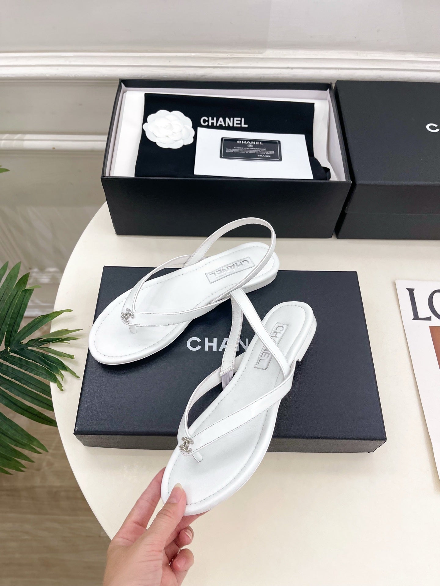 CHANEL 26S THONG SLINGBACK SANDALS IN WHITE LAMBSKIN