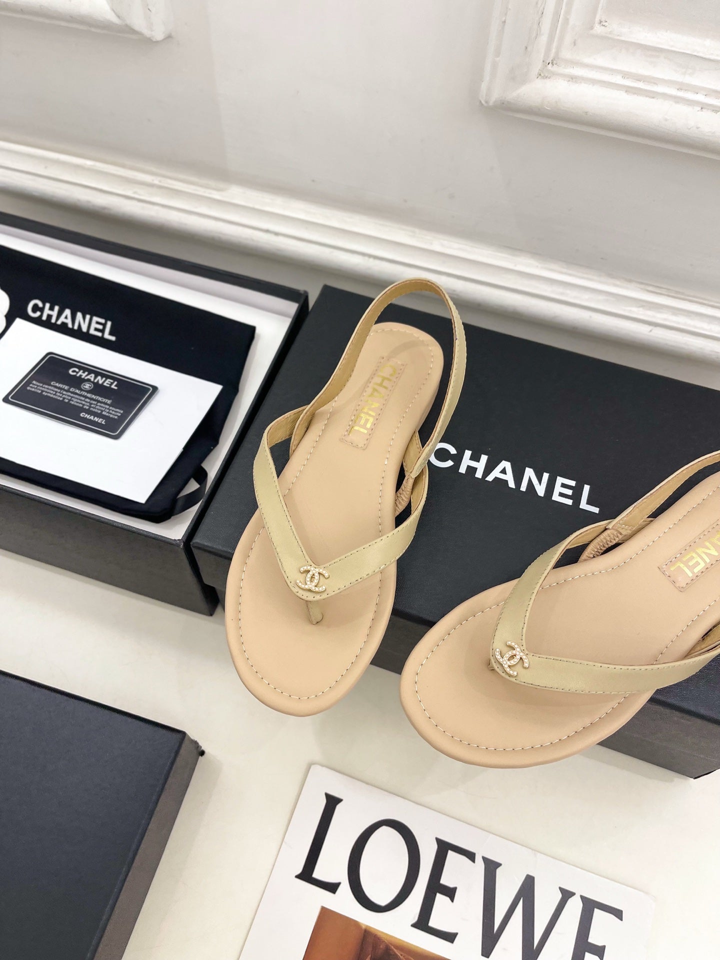 CHANEL 26S THONG SLINGBACK SANDALS IN BEIGE LAMBSKIN