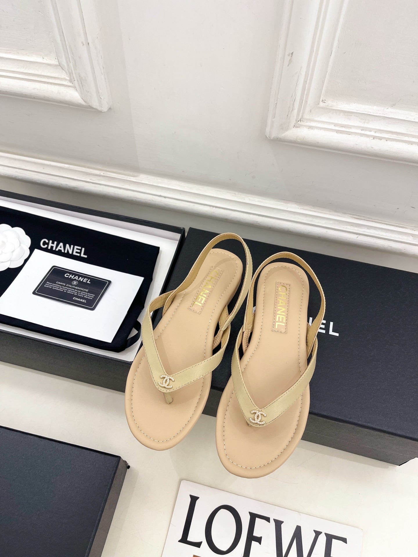 CHANEL 26S THONG SLINGBACK SANDALS IN BEIGE LAMBSKIN
