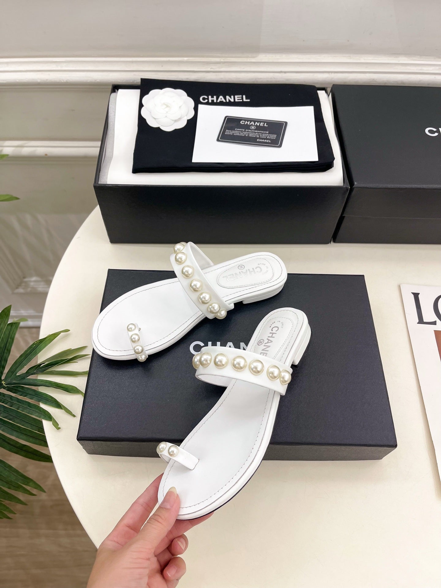 CHANEL 26S THONG SANDALS IN WHITE LAMBSKIN WITH PEARL EMBELLISHMENTS