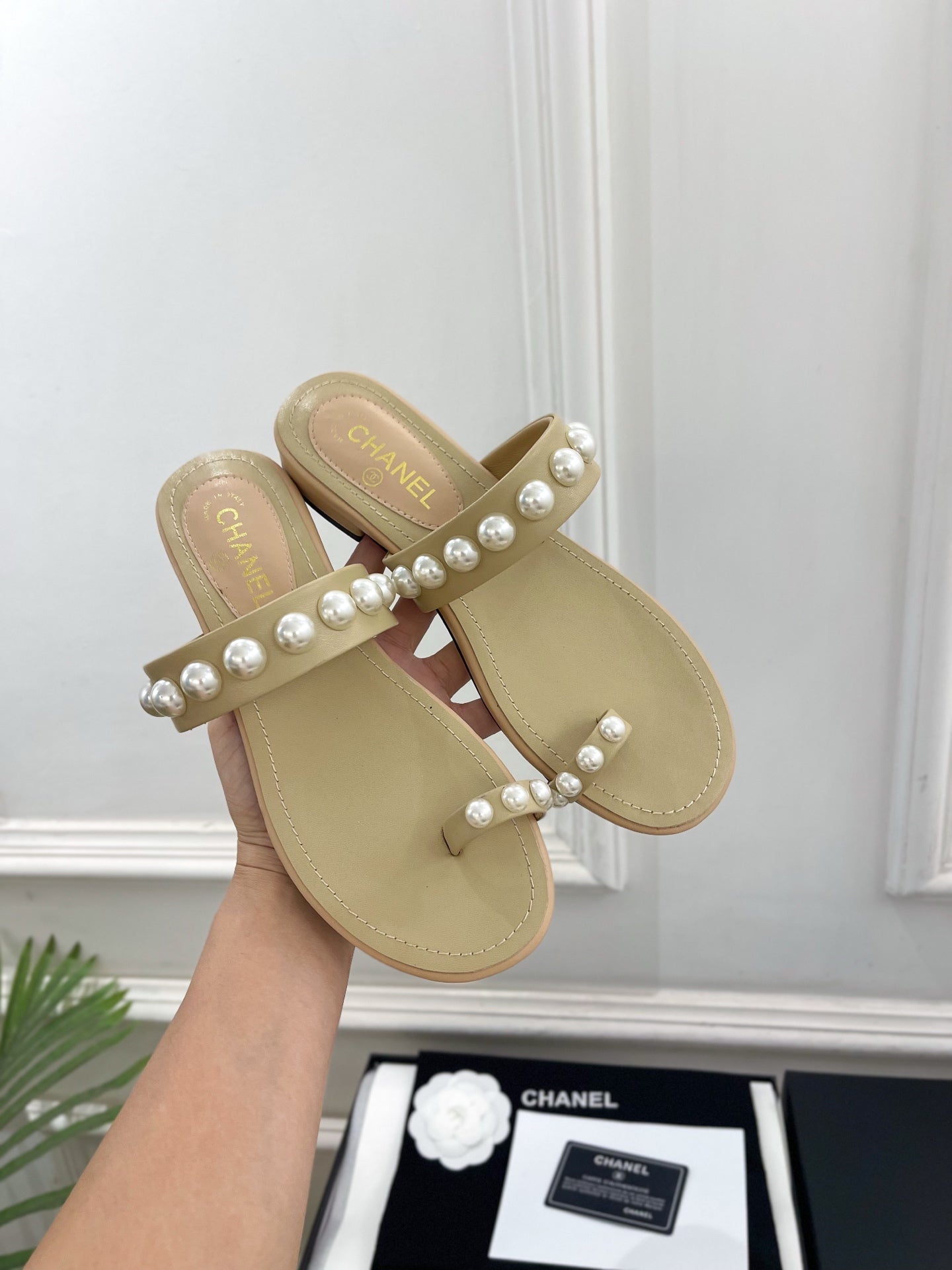 CHANEL 26S THONG SANDALS IN BEIGE LAMBSKIN WITH PEARL EMBELLISHMENTS