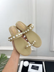CHANEL 26S THONG SANDALS IN BEIGE LAMBSKIN WITH PEARL EMBELLISHMENTS
