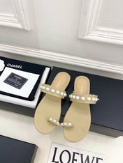 CHANEL 26S THONG SANDALS IN BEIGE LAMBSKIN WITH PEARL EMBELLISHMENTS