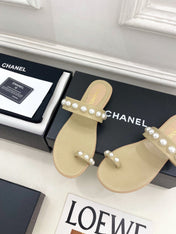 CHANEL 26S THONG SANDALS IN BEIGE LAMBSKIN WITH PEARL EMBELLISHMENTS