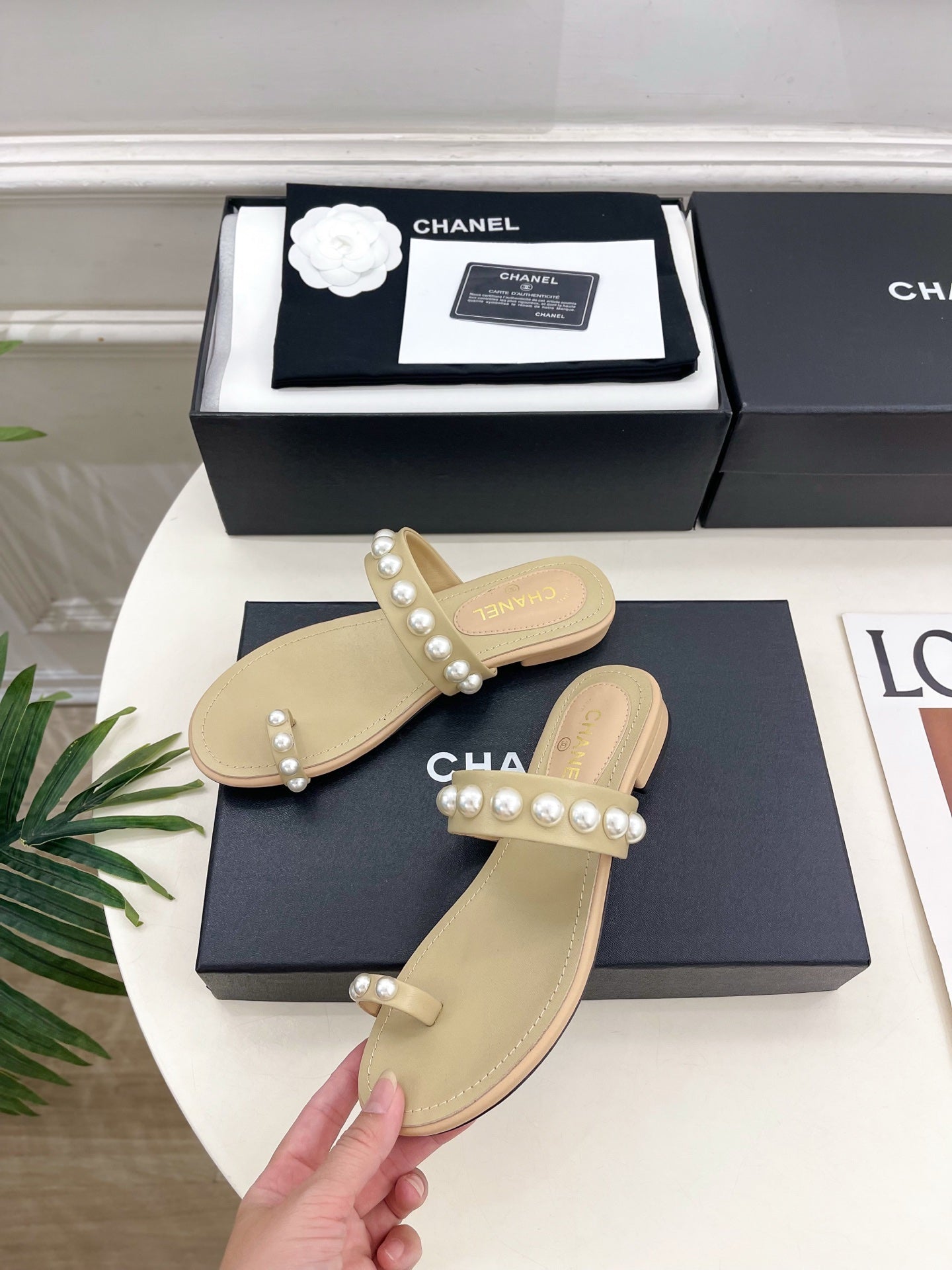 CHANEL 26S THONG SANDALS IN BEIGE LAMBSKIN WITH PEARL EMBELLISHMENTS