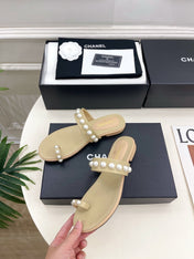 CHANEL 26S THONG SANDALS IN BEIGE LAMBSKIN WITH PEARL EMBELLISHMENTS