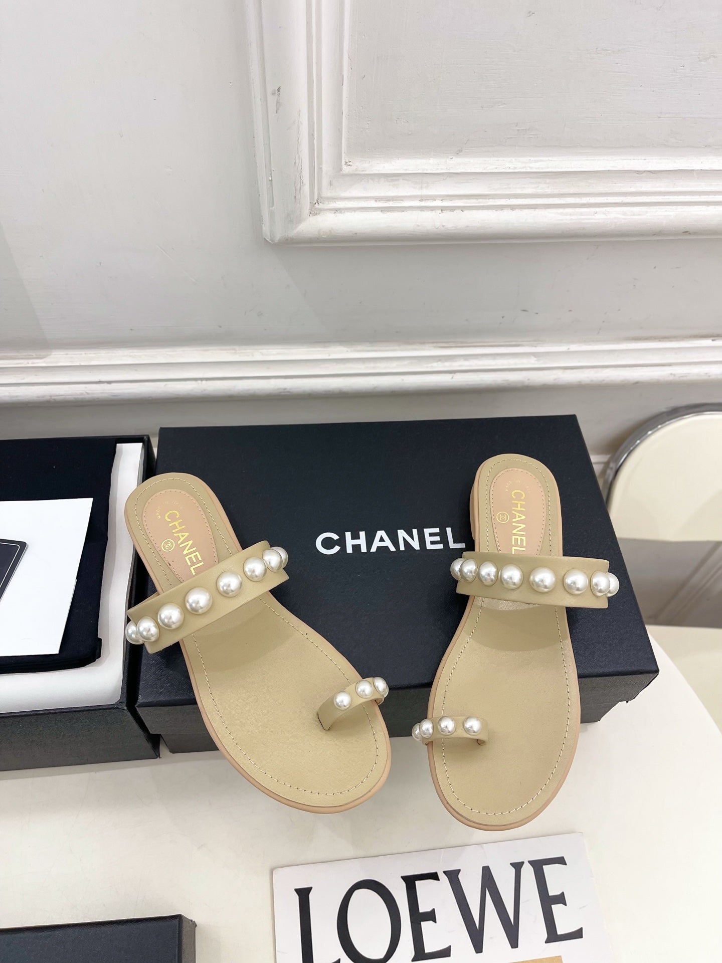 CHANEL 26S THONG SANDALS IN BEIGE LAMBSKIN WITH PEARL EMBELLISHMENTS