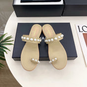 CHANEL 26S THONG SANDALS IN BEIGE LAMBSKIN WITH PEARL EMBELLISHMENTS