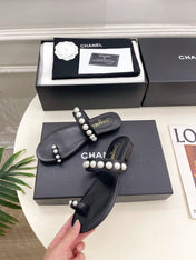 CHANEL 26S THONG SANDALS IN BLACK LAMBSKIN WITH PEARL EMBELLISHMENTS