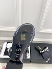 CHANEL 26S THONG SANDALS IN BLACK LAMBSKIN WITH PEARL EMBELLISHMENTS