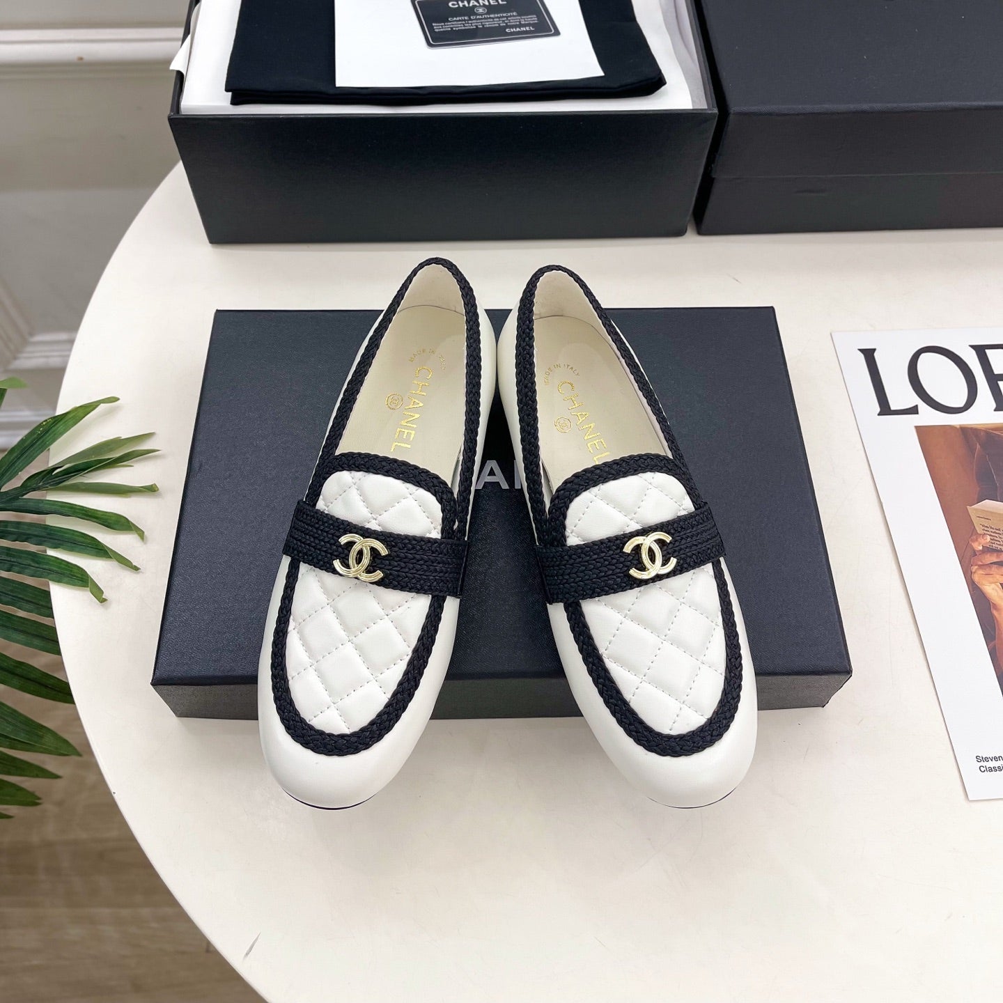 CHANEL 26S LOAFER MULES IN WHITE LAMBSKIN AND BLACK FABRIC