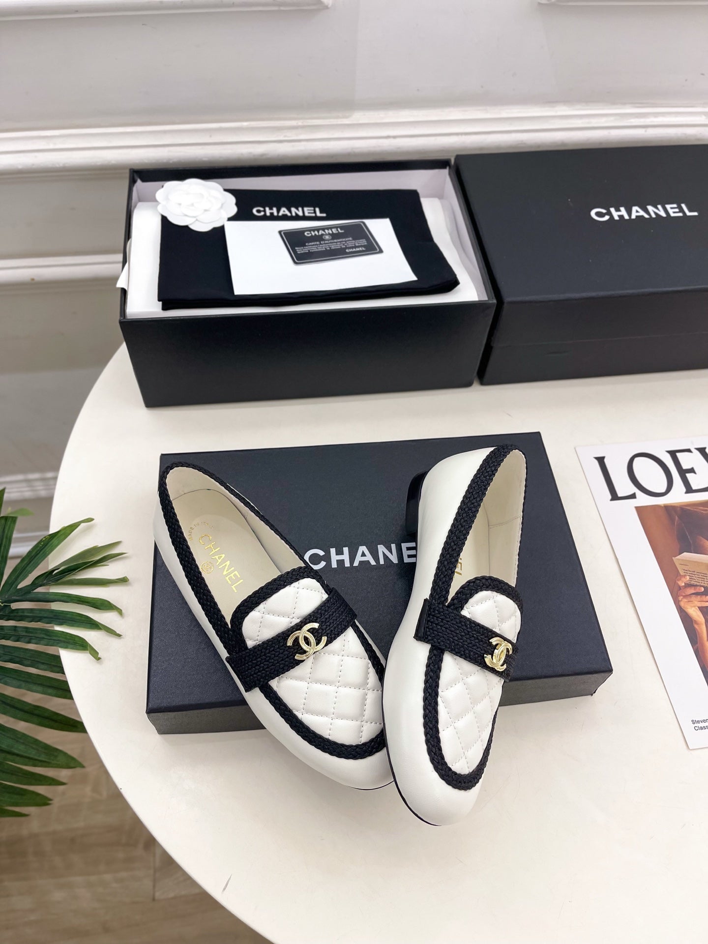 CHANEL 26S LOAFER MULES IN WHITE LAMBSKIN AND BLACK FABRIC