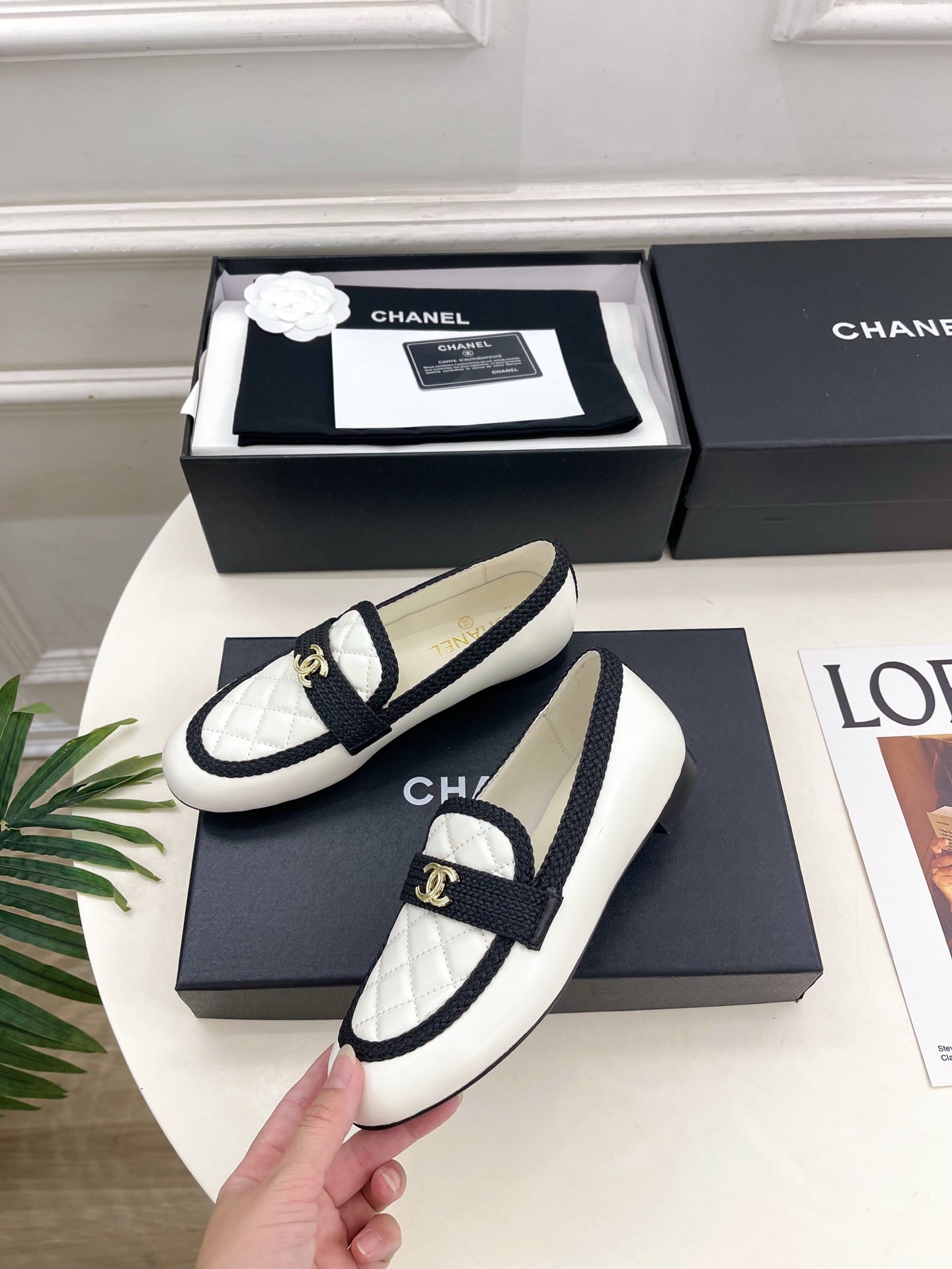 CHANEL 26S LOAFER MULES IN WHITE LAMBSKIN AND BLACK FABRIC