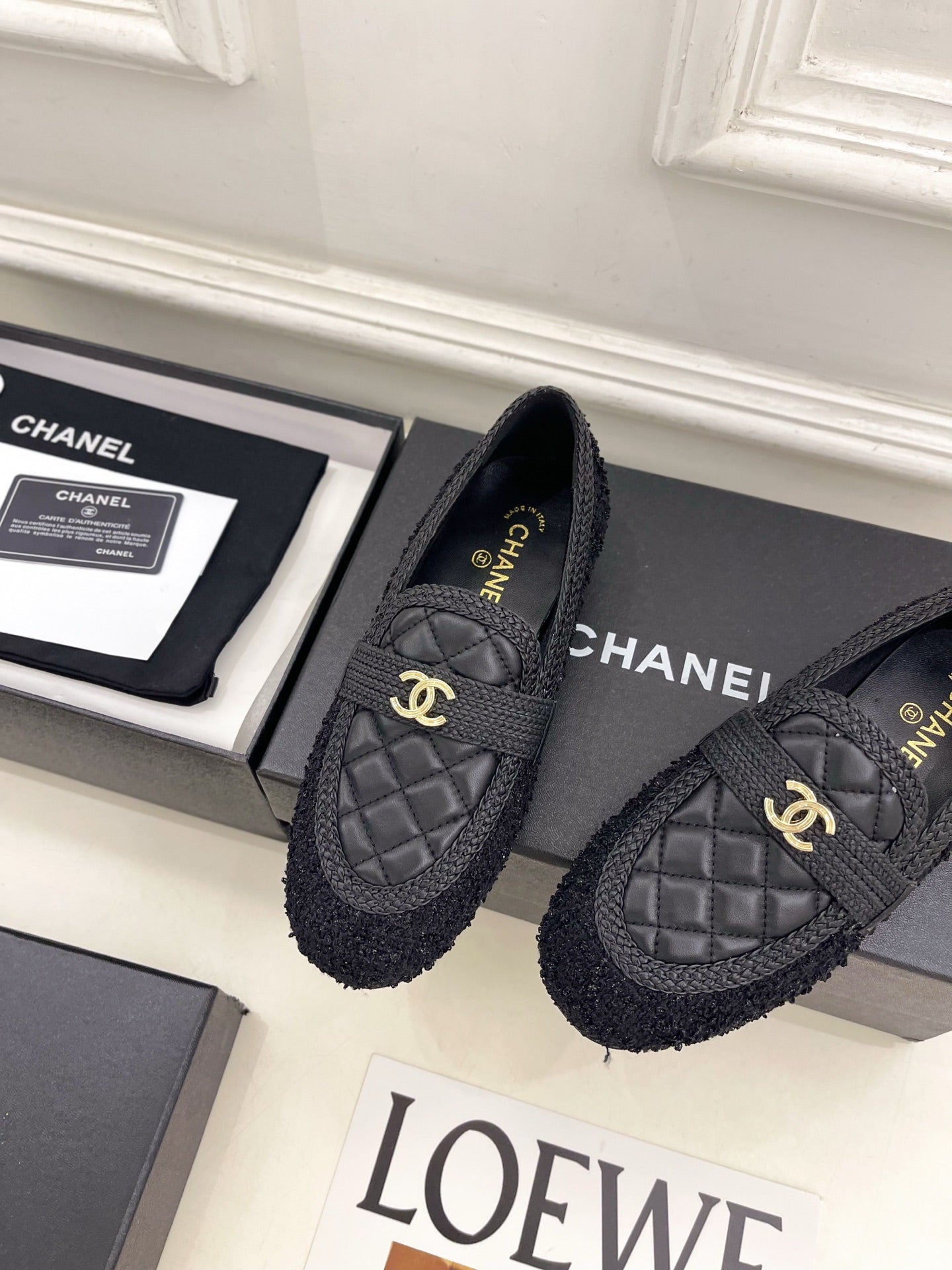 CHANEL 26S LOAFER MULES IN BLACK LAMBSKIN AND TWEED