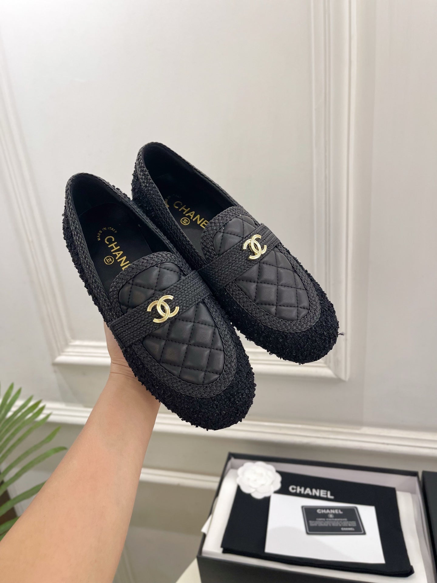 CHANEL 26S LOAFER MULES IN BLACK LAMBSKIN AND TWEED