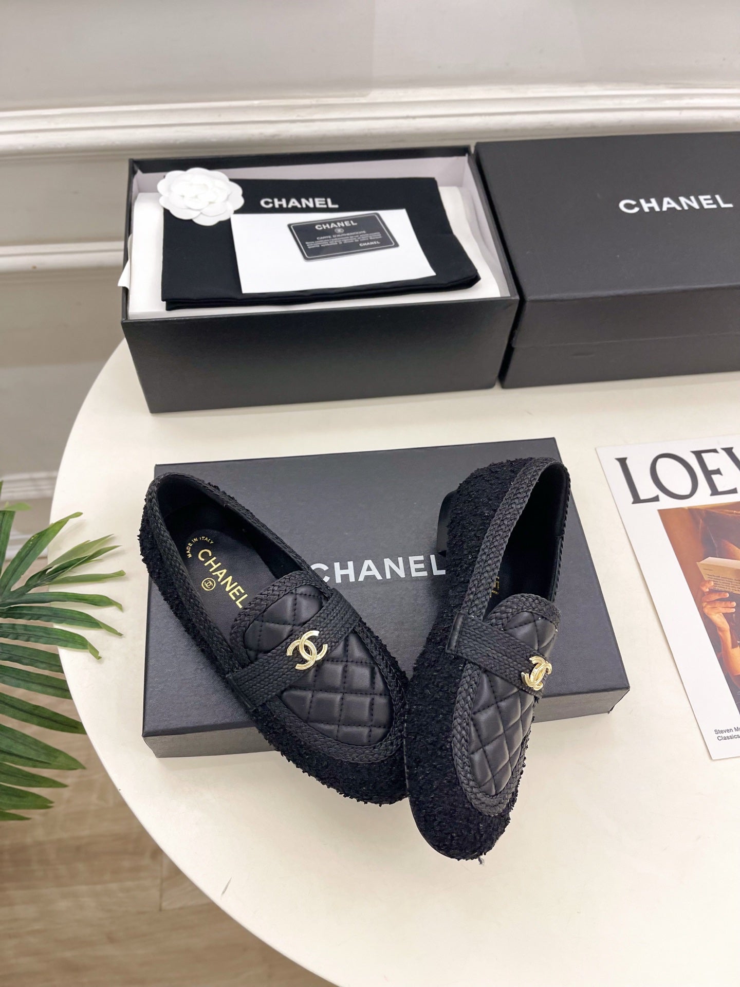 CHANEL 26S LOAFER MULES IN BLACK LAMBSKIN AND TWEED