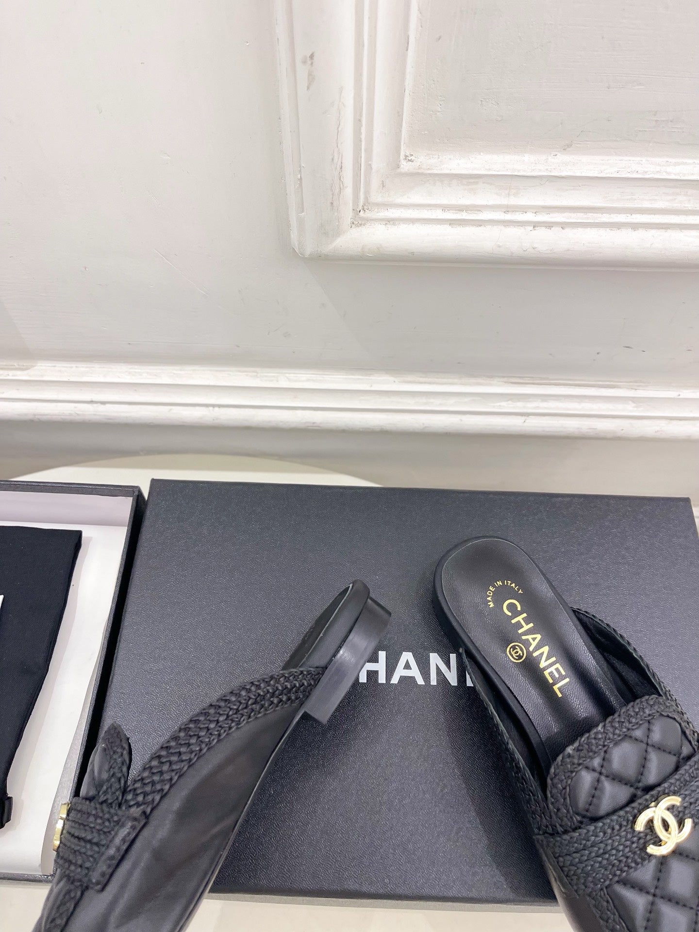 CHANEL 26S MULES IN BLACK LAMBSKIN FABRIC
