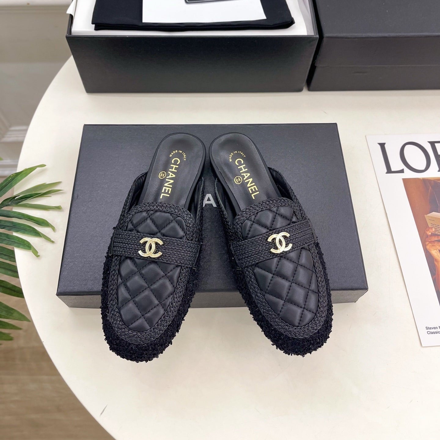 CHANEL 26S MULES IN BLACK LAMBSKIN AND TWEED