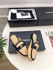 CHANEL 26S MULES IN BEIGE LAMBSKIN AND BLACK FABRIC