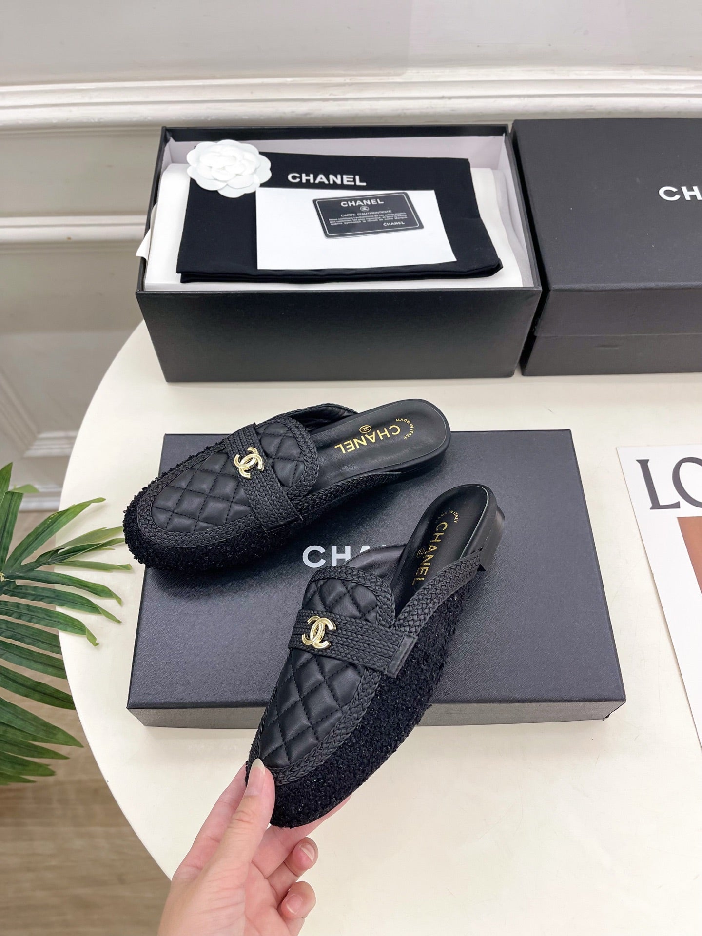 CHANEL 26S MULES IN BLACK LAMBSKIN AND TWEED