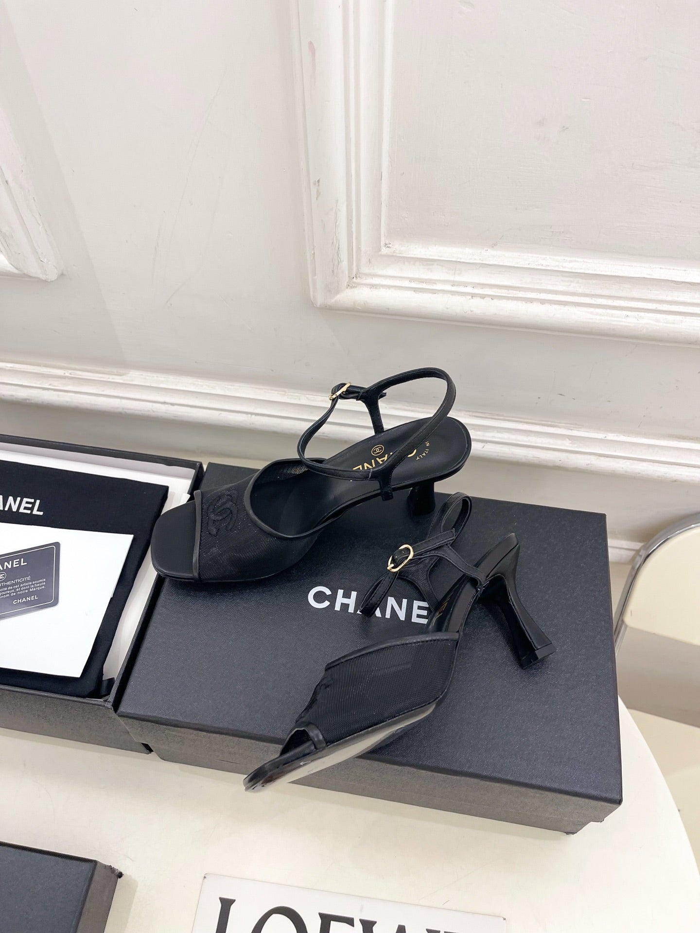CHANEL 26S HIGH HEEL SLINGBACK SANDALS 70 MM IN BLACK MESH
