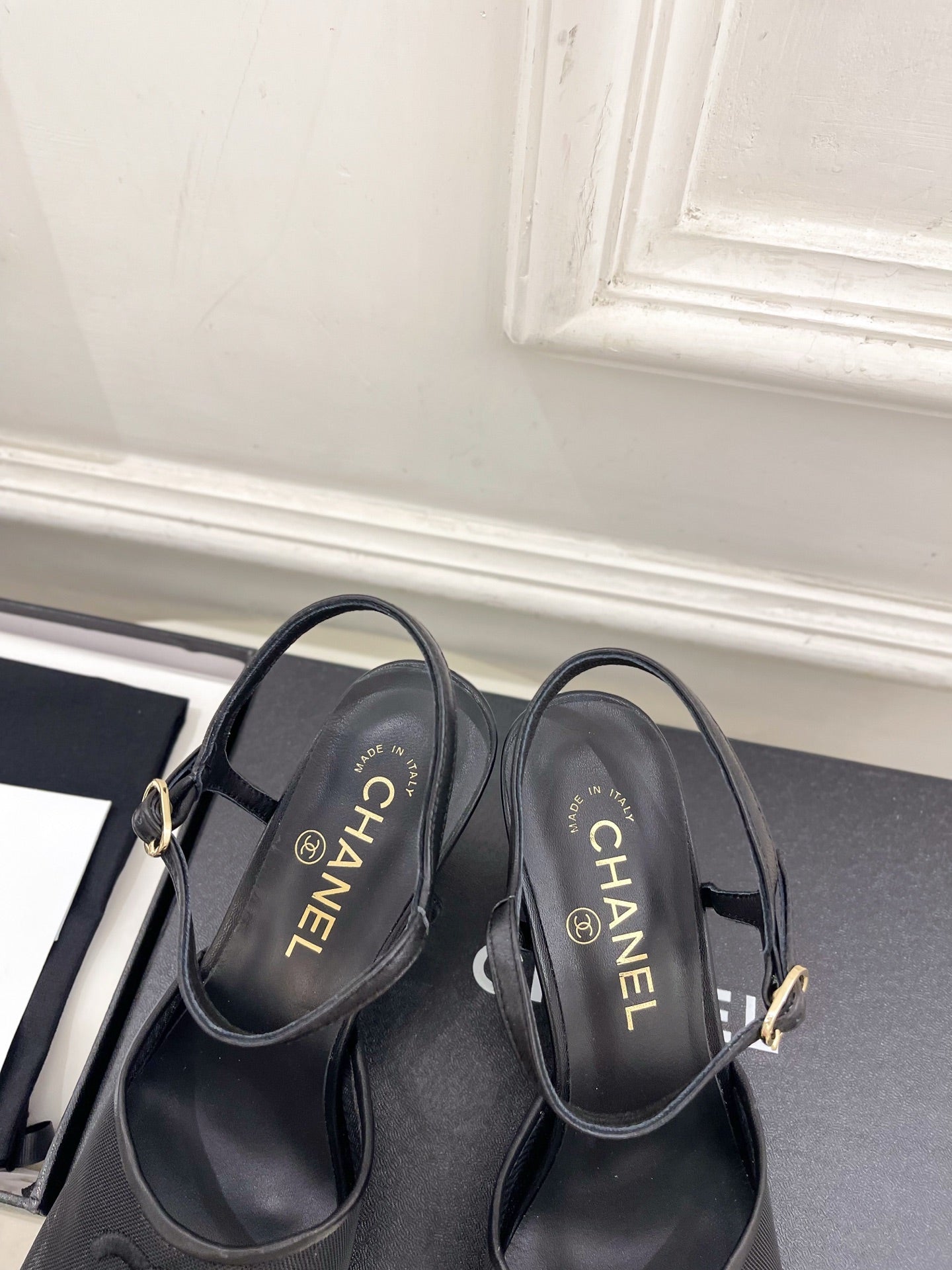 CHANEL 26S HIGH HEEL SLINGBACK SANDALS 70 MM IN BLACK MESH